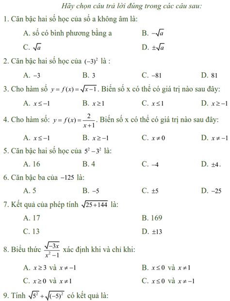 Bài Tập Trắc Nghiệm điều Kiện Xác định Của Biểu Thức Căn Thức Toán Lớp 9 Tài Liệu Hay