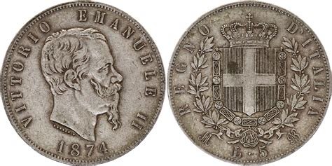 Italie 5 Lire Victor Emmanuel II Armoiries 1874 Argent