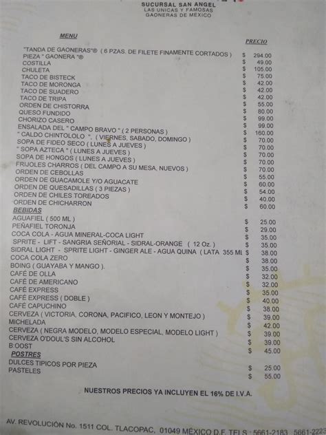 Carta Del Restaurante Mes N Taurino Ciudad Del M Xico Calle A