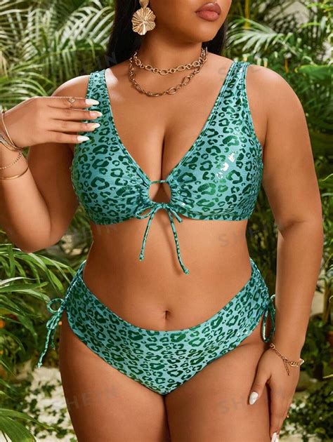 Shein Swim Curve Plus Size Sexy Full Printed Bra Side Tie Bikini Bottom Separates Random