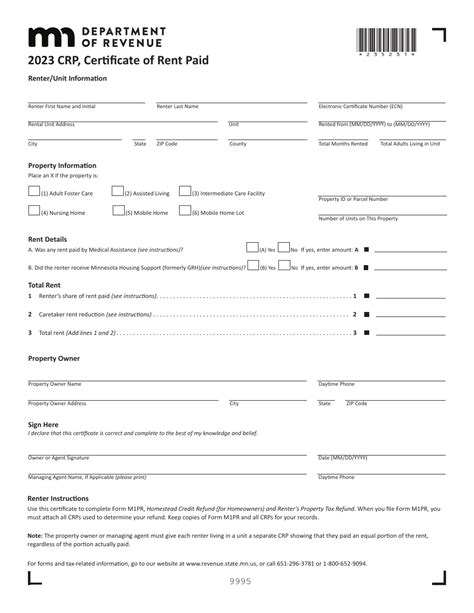 Form Crp Download Fillable Pdf Or Fill Online Certificate Of Rent Paid 2023 Minnesota