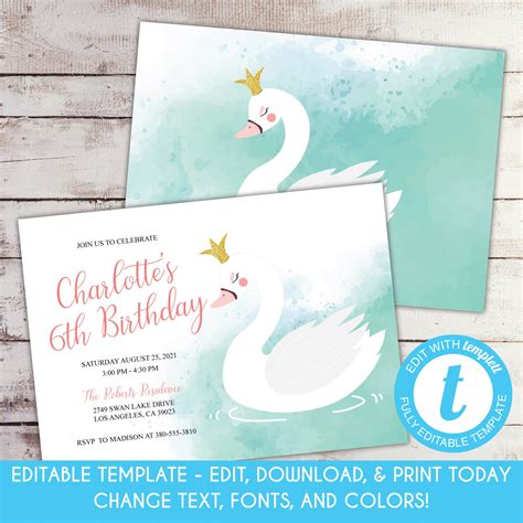 Editable Swan Princess Birthday Invitation Swan Invitation Etsy