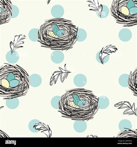 Vector Seamless Pattern With Hand Drawn Feathers And Nests Stock Vector