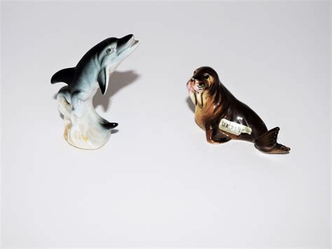 Seaworld Dolphin And Walrus Figurines Ceramic Knick Knacks Underwater