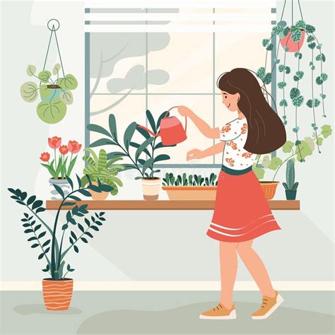 Beautiful Young Woman Holding Watering Can And Watering Houseplants In