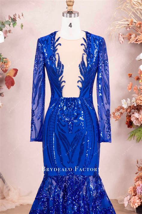 Sparkly Royal Blue Sequin Long Sleeve Mermaid Prom Dress