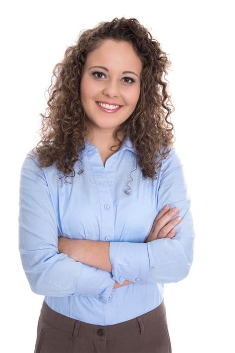 Attractive And Smiling Isolated Young Business Woman In Blue Stock