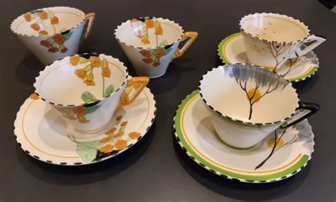 Vintage Burleigh Ware Art Deco Zenith Cups Saucers Dawn Crows Nest