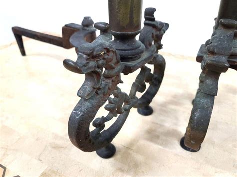 Antique Iron And Brass Dragons Fireplace Andirons A Pair For Sale At