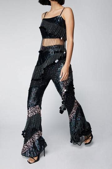 Sequin Flared Trousers Boohoo Uk