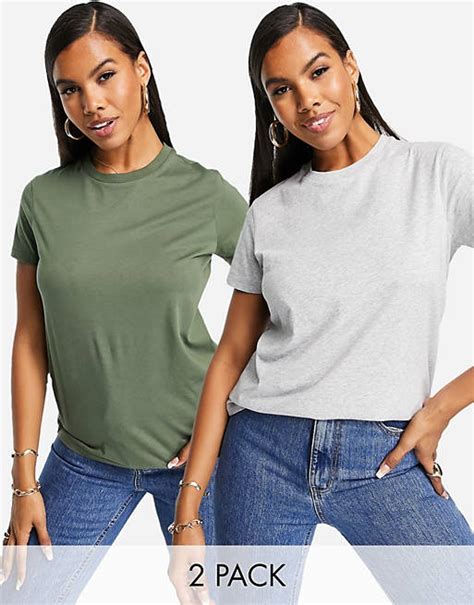 Asos Design Ultimate T Shirt With Crew Neck In Cotton Blend 2 Pack Save In Grey And Khaki