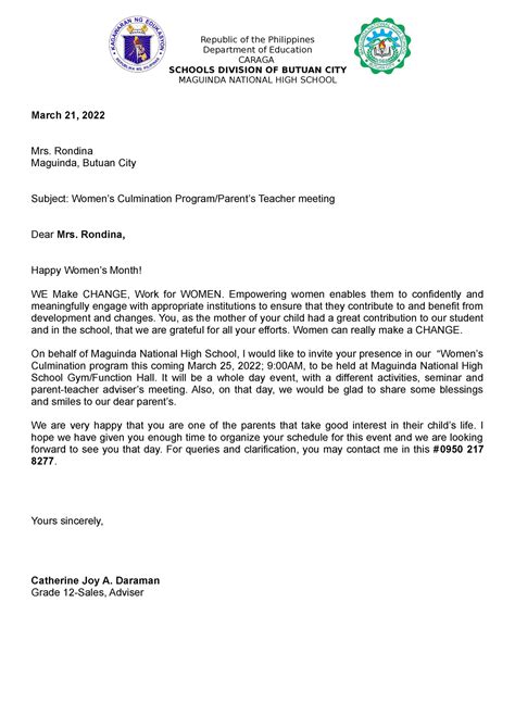 Invitation Letter To Parents Republic Of The Philippines Department