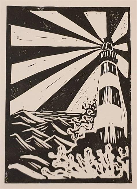 Linocut Artwork Of Seascape For Ocean Lovers Sailors Surfers