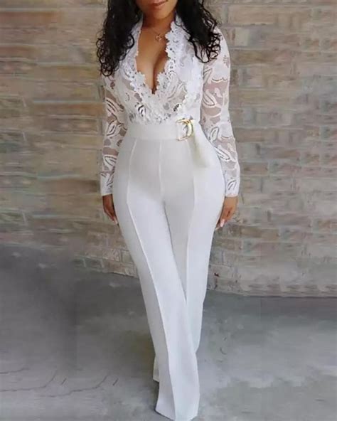 Elegant Lacev Neck Wedding Jumpsuit Long Sleeve Bridal Engagemnt Party