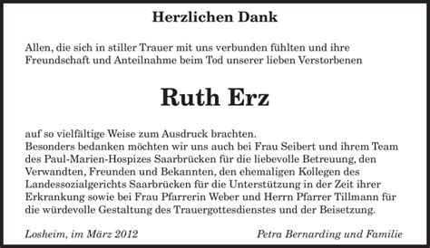 Traueranzeigen Von Ruth Erz Saarbruecker Zeitung Trauer De