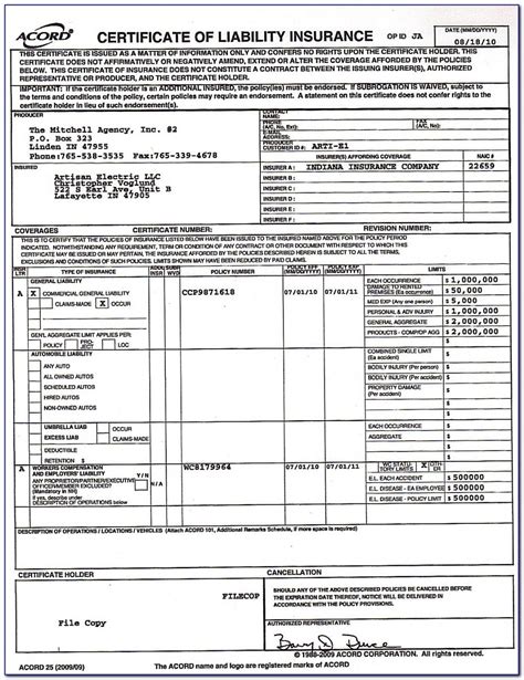 General Liability Insurance Certificate Template