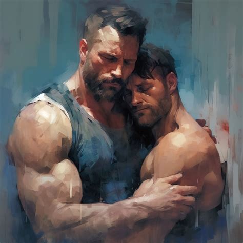 Male Gay Couple Hugging Digital Art Ai Generated Realistic Art Oil Painting Wall Art Poster