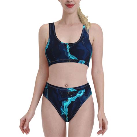 Lukts Women High Waisted Bikini Set Blue Marble And Gold Swimsuit