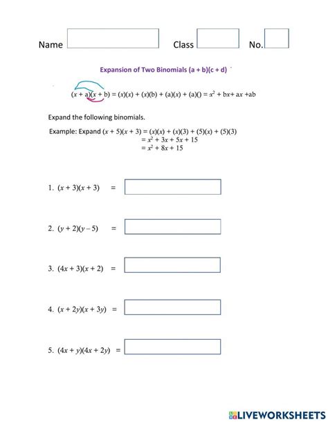 Expansion Of Two Binomials Worksheet Worksheet Live Worksheets