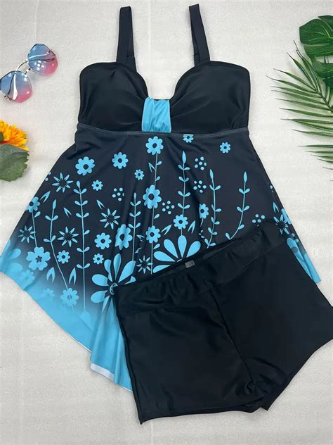 Plus Size Vacay Tankini Set Womens Plus Floral Print Crew Temu