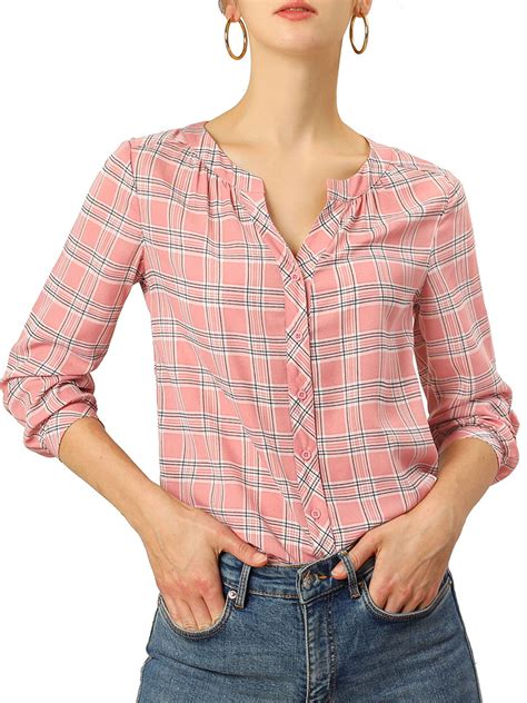 Allegra K Allegra K Women S Plaid Button Up Vintage Shirt Round Neck