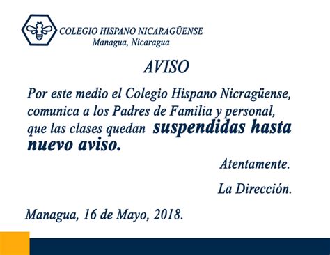 Clases Suspendidas Hasta Nuevo Aviso Colegio Hispano NicaragÜense