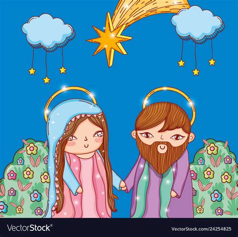 Joseph And Mary With Clouds Stars And Bushes Vector Image