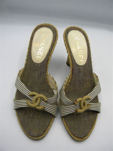 Chanel Strip Cris Cross Espadrille Wedge Slide Sandal Gem