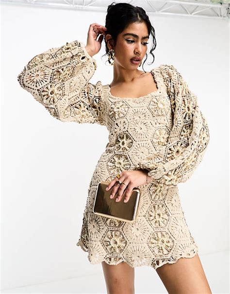 Asos Design Embellished Crochet Milkmaid Mini Dress With Blouson Sleeve In Stone Asos