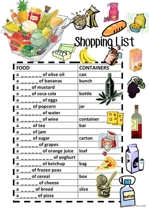 Food Containers Shopping List Fill I English Esl Worksheets Pdf Doc