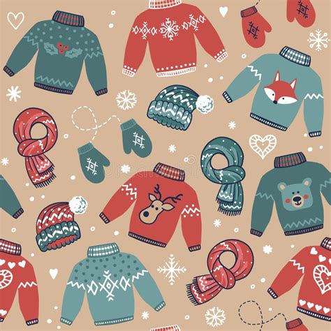 Christmas Seamless Background With Ugly Sweaters Scarves Hats And