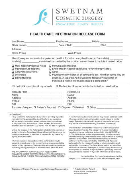 Fillable Online Free Medical Records Release Authorization FormHIPAA