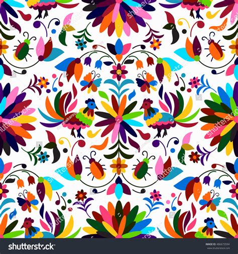 Vector Seamless Mexican Otomi Style Bright Stock Vector 486673594