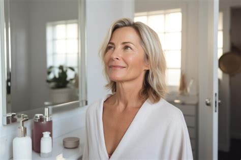 Premium AI Image Headshot Of Gorgeous Mid Age Adult 50 Years Old Blonde Woman Standing In