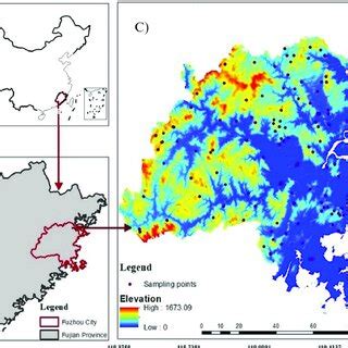 Study area map: (A) Fujian province, China; (B) Fuzhou, Fujian; (C)... | Download Scientific Diagram