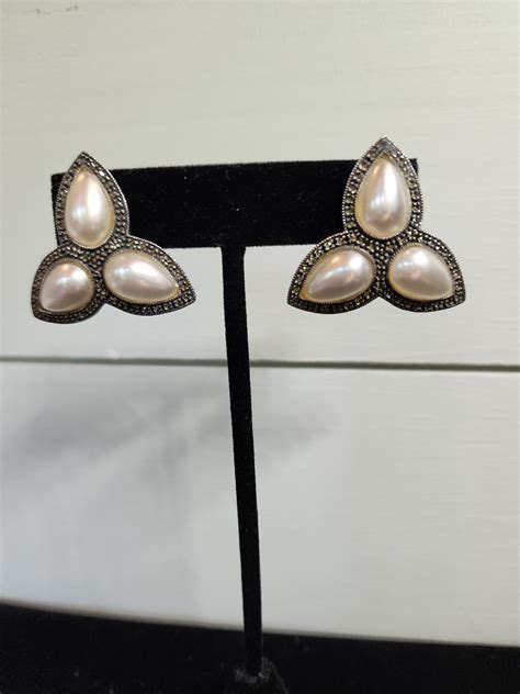 Large JJ Judith Jack Sterling Silver Mabe Pearl And Marcasite Earrings