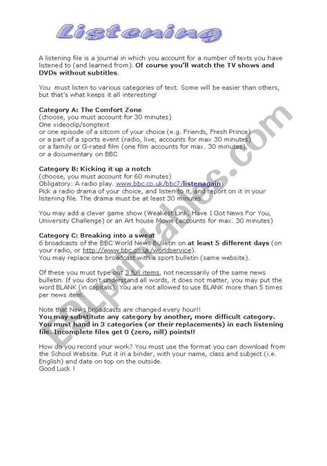 English Worksheets Listening Practice Assignment