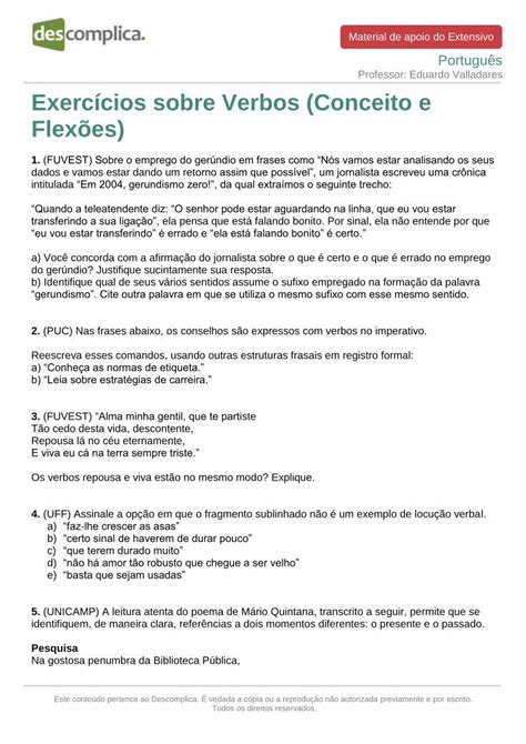 PDF Exercícios sobre Verbos Conceito e Flexões Os verbos repousa