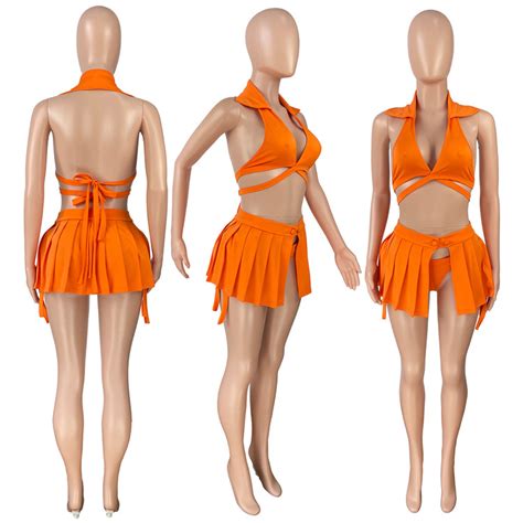 Women Halter Nightclub Bikini Pleated Skirt Sports Swimsuit Three Piece Set Summer Swim