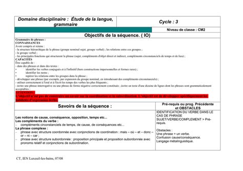 Domaine disciplinaire Étude de la langue grammaire