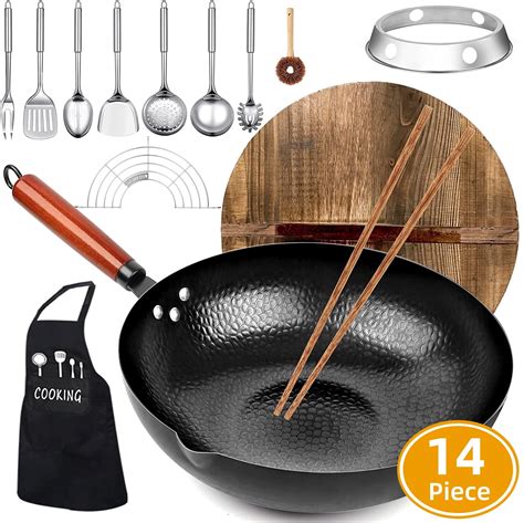 Aokiwo Carbon Steel Wok Pan Piece Woks Stir Fry Pans Set With