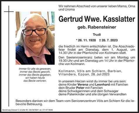 Traueranzeigen Von Gertrud Kasslatter Trauer Bz