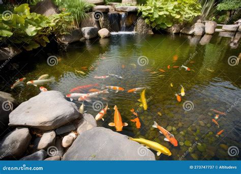 Pond with Waterfall and Koi Fish Swimming in the Water Stock ...