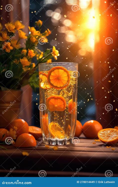 Glass Of Orange Soda With Ice Cubes And Oranges On A Wooden Table Made With Generative Ai