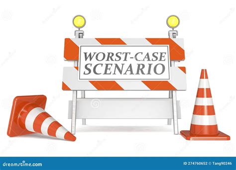 Worst Case Scenario Sign On Barricade And Traffic Cones Stock