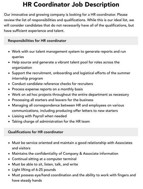 Hr Coordinator Job Description Velvet Jobs