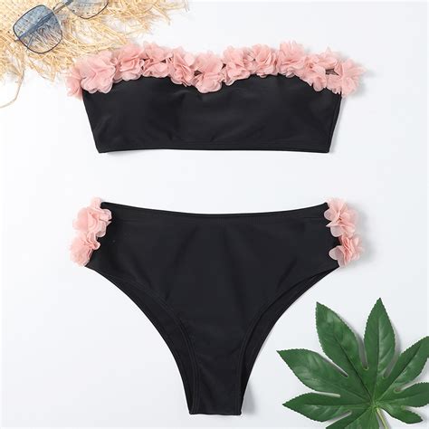 Women S Split Tube Top Solid Color Bikini Lace Swimsuit On Luulla