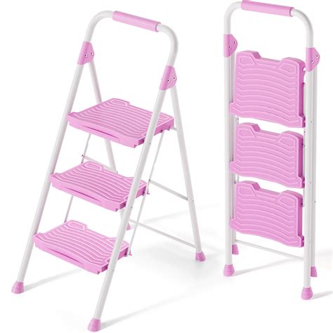 KINGRACK 3 Step Ladder Sturdy Step Stool With Handrail Anti Slip Wide