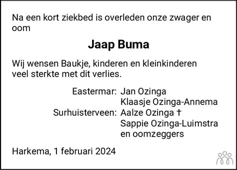 Jakob Jaap Buma Overlijdensbericht En Condoleances