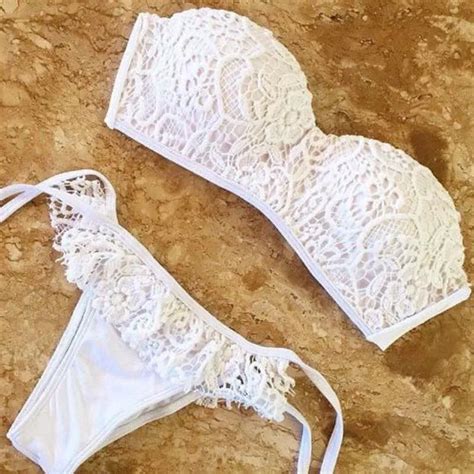 Tokitind Sexy White Crochet Bikini Bra Push Up Thong Bikini Set Two